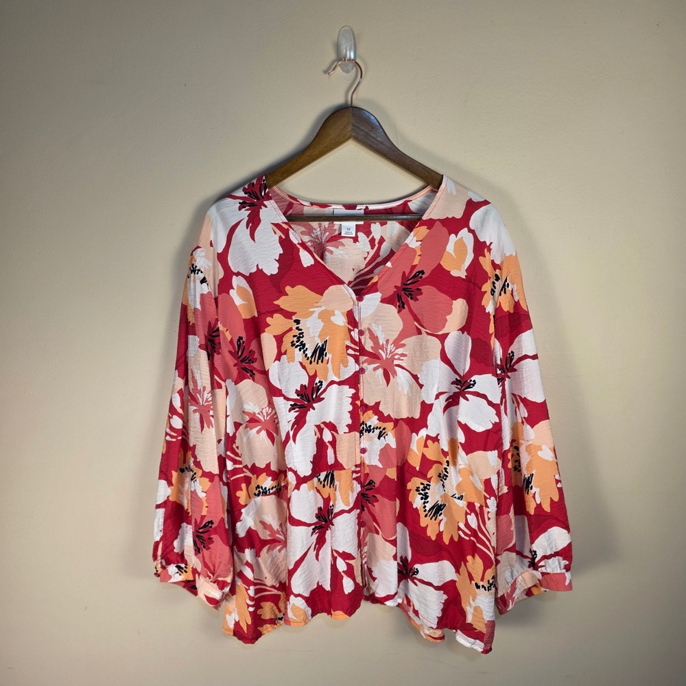 Liz Claiborne Blouse Womens 3X Red Peach Floral V-Neck 3/4 Sleeve Peplum Top